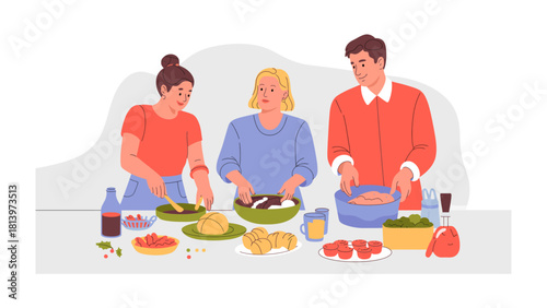 Culinary Harmony: A family gathers in the kitchen, collaborating to craft a delicious meal, surrounded by fresh ingredients. Embracing the essence of togetherness.