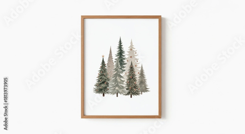 Neutral Watercolor Christmas Tree Forest in Wooden Frame Illustration
