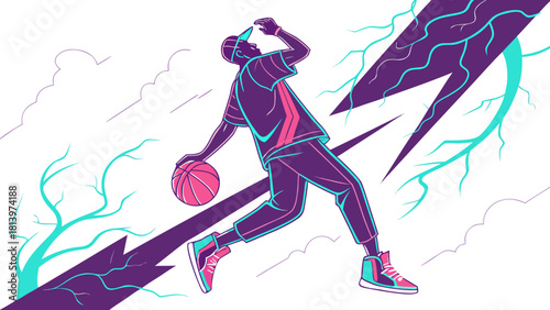 Basketball player in action with lightning isolated on