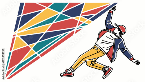 A dancer strikes a pose against a colorful geometric background isolated on