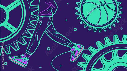 A stylized illustration of a person walking amidst gears and a basketball