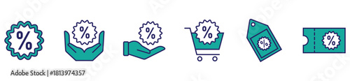 Promotion and sale icon set featuring tags, shopping carts, coupons, and percentage badges. Ideal for e-commerce, online stores, marketing campaigns, and web design elements.