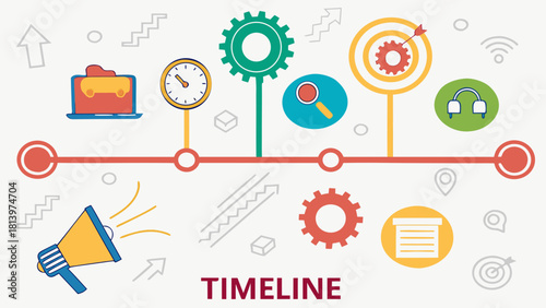 Timeline infographic with gears, target, megaphone isolated on