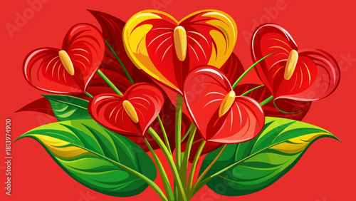 Very beautiful red anthurium flowers arranged elegantly on a matching red background, highlighting their glossy heart-shaped spathes and bright yellow spadices, creating a harmonious and vibrant botan