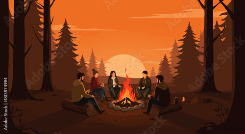 Warm Evening Campfire: Friends Camping in Forest at Sunset | Vector Illustration of Togetherness & Adventure