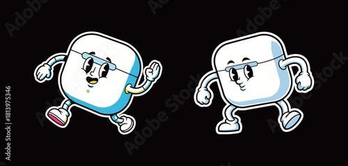 Running Wireless Earbuds Case Mascot Cartoon Sticker: Pair of Dynamic Character Designs with Face, Arms, and Legs for Technology and Music Concept
