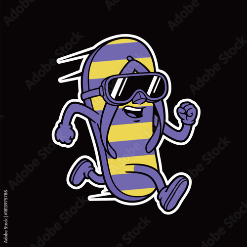 Running Flip Flop Mascot Cartoon Sticker with Goggles: Dynamic Striped Sandal Character Moving Fast for Summer Vacation or Beach Activity