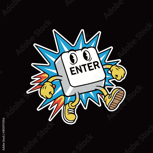 Dynamic Enter Key Mascot Cartoon Sticker Jumping with Energy Flash: Computer Button Character for Technology, Start, or Action Concept