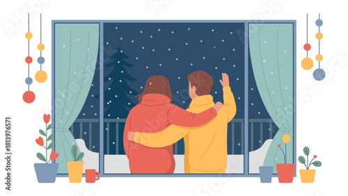 Cozy Winter View: A couple shares a warm embrace while watching the snowfall, framed by a window with a view of a snowy landscape, showcasing togetherness, calm and intimate connection.