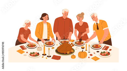 Family Gathering at a Festive Table: A heartwarming scene unfolds as a family prepares a lavish feast, with a roasted turkey taking center stage amidst the cheerful atmosphere of a shared meal.