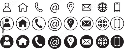 Business card icon set. Contact icon set. Thin line Contact icons set. Contact symbols - Phone, mail, fax, info, e-mail, support. vector for business card and website