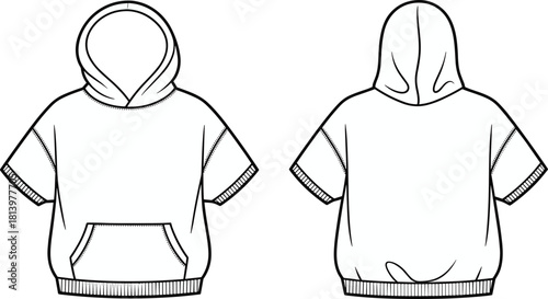Cad drawing flat vector illustration, short sleeve hoodie sketch, kangaroo pocket, seam hood, ribbed hem, front back view, garment template