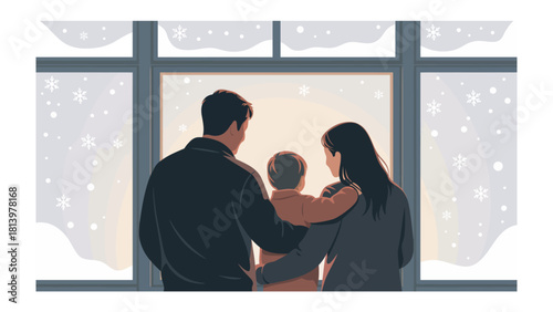 Family's Winter Embrace: A family stands together, gazing out a window at a snowy scene, their silhouettes representing the warmth of togetherness amidst the winter chill.