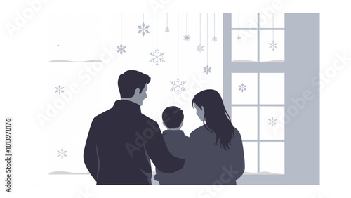 Family Winter Moment: A family, captured from behind, gazes at the gentle snowfall outside a window, sharing a tender moment of togetherness and serene connection.