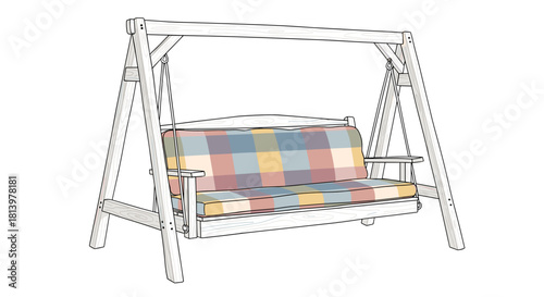 Porch swing with plaid cushion in colorful design and wood frame  