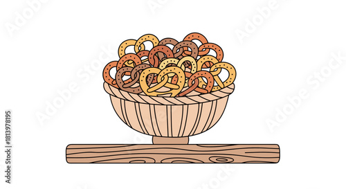 Pretzel basket filled with assorted pretzels on wooden bar  
