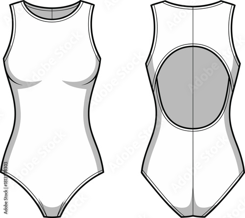Cad drawing flat vector illustration, fashion bodysuit technical sketch, sleeveless garment front back view, contour shading, cutout design