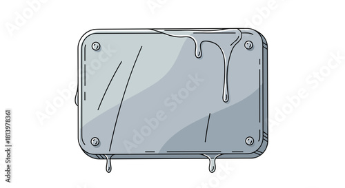 Rain dripping on metal plaque with reflective surface and puddle  