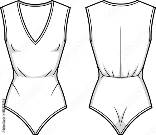 Cad drawing flat vector illustration, sleeveless bodysuit fashion sketch, deep V-neck front, pleated back waist, contour shading, garment design