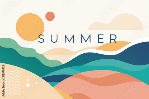 Modern abstract summer illustration with sun, rolling hills, and layered waves in warm and cool colors. Ideal for travel ads, tourism campaigns, lifestyle branding, vacation graphics, and web design.