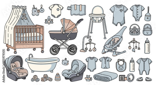 Collection of baby essentials and accessories, including cribs, strollers, and clothing.