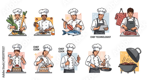 Illustrated set of professional male chefs in uniform performing various culinary tasks and activities.