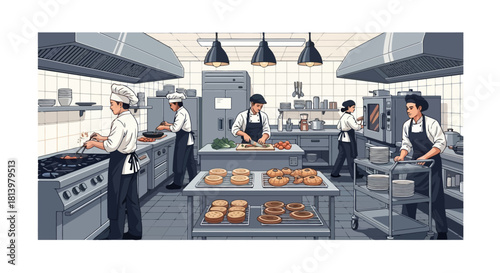 Busy commercial kitchen scene with chefs preparing food, including burgers, in a clean and organized environment.