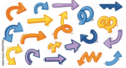 A vibrant collection of hand-drawn arrows in various shapes, colors, and styles, indicating direction and movement.