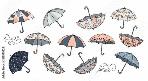 A diverse collection of hand-drawn umbrellas featuring various patterns and colors, some open and some closed, with decorative wind swirls.