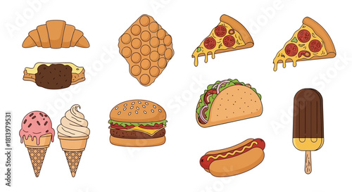 A collection of popular fast food items and desserts, including pizza, burgers, tacos, ice cream, and more.