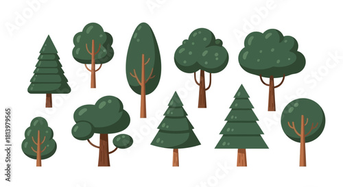 A collection of various stylized green trees, including pine and deciduous types, in a flat cartoon style isolated on a white background.