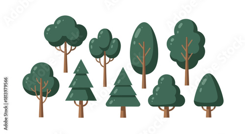 A collection of various stylized green trees, including deciduous and coniferous types, set against a white background.