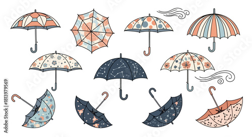 A collection of hand-drawn umbrellas with various patterns and colors, some open and some closed, against a white background.