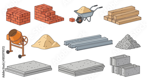 A collection of construction materials and equipment, including bricks, cement, lumber, and a concrete mixer.