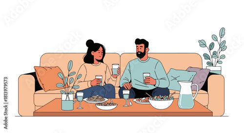 Illustration of a couple sitting on a sofa, eating and drinking together in a cozy living room setting.
