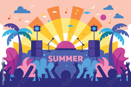 A lively summer concert scene featuring a large audience with raised hands, a colorful stage, tropical palm trees, and a radiant sunrise. Perfect for music, festival, and outdoor event themes.