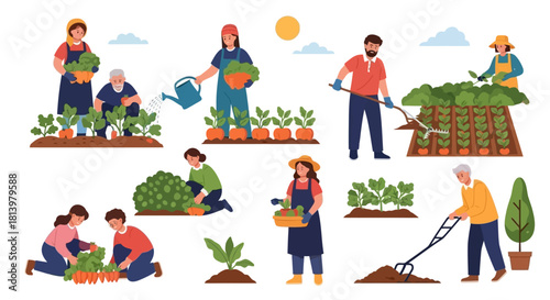 People gardening, tending to plants, watering, and harvesting vegetables.