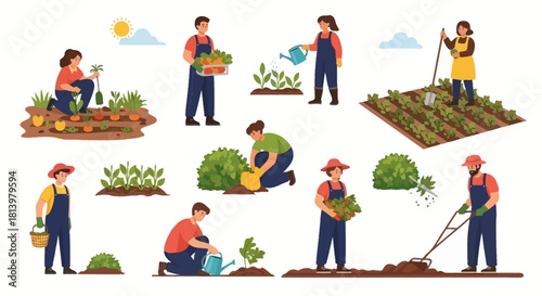 A collection of vector illustrations showing men and women engaged in various gardening and farming activities.