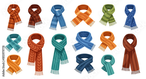 A diverse collection of colorful knitted and woven scarves, an isolated vector set of winter and autumn fashion accessories