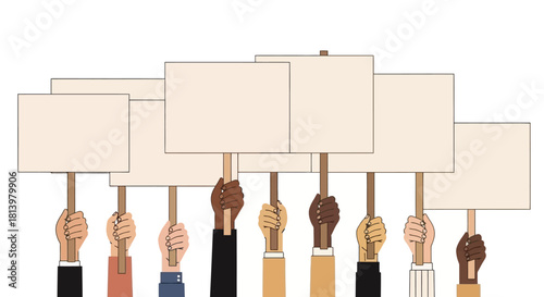 A diverse group of hands holding blank protest signs, symbolizing collective action and expression.