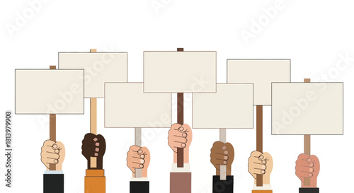 Diverse hands holding blank protest signs against a white background.