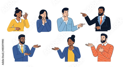 Diverse group of people in various poses, expressing different emotions and gestures, suitable for business or social contexts.