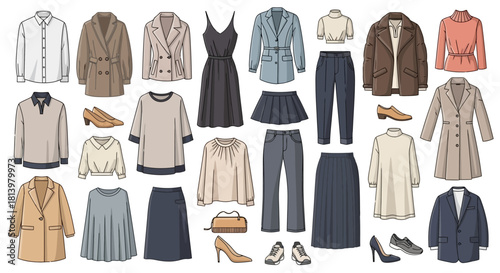 A collection of women's clothing items including dresses, skirts, pants, blouses, jackets, and shoes.