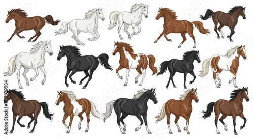 A collection of various horse illustrations, showcasing different coat colors and patterns in a running pose.