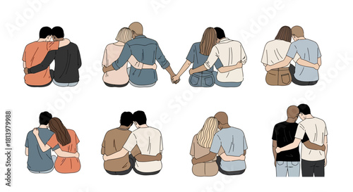 Illustration of diverse couples embracing, sitting together from behind.