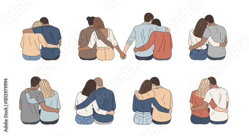 A collection of eight diverse illustrations depicting couples in affectionate embraces, showcasing various skin tones and hairstyles.