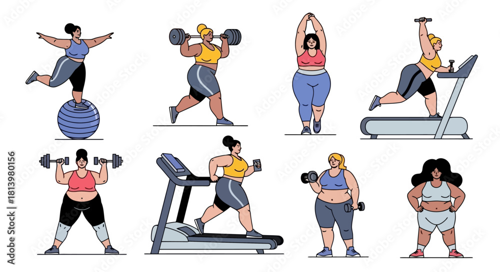 Obraz premium Illustration of plus-size women exercising with weights, treadmill, and balance ball.