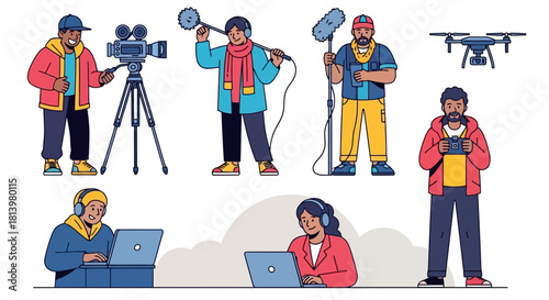 Vector illustration set of a diverse film crew and media production team with camera, drone, and audio equipment.