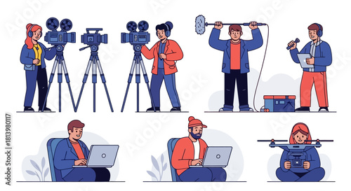 A collection of illustrations depicting various aspects of film and video production, including cameras, boom microphones, drones, and people working with laptops.