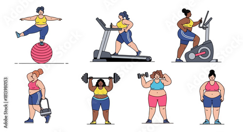 Diverse group of plus-size women exercising with various fitness equipment and activities, promoting health.